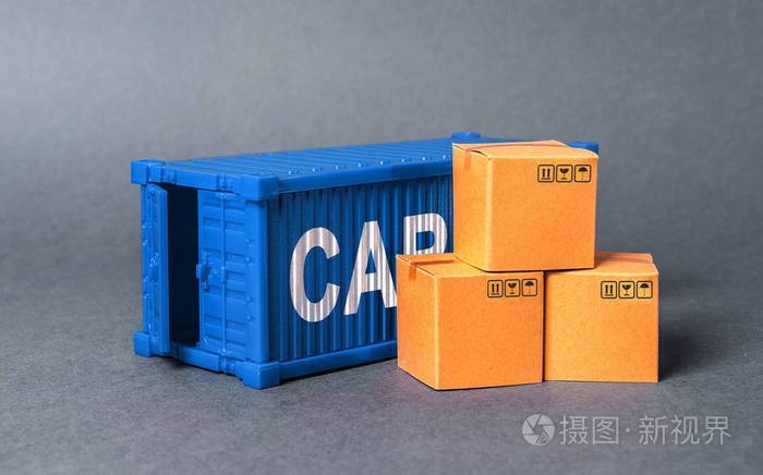带箱子的蓝色货柜商业贸易货物交付货物交换的概念全球化高效生产商业